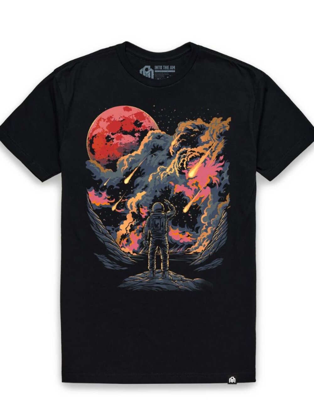 Black Astronaut Meteor Shower Graphic Tee Cosmic Red Moon Space Art Shirt